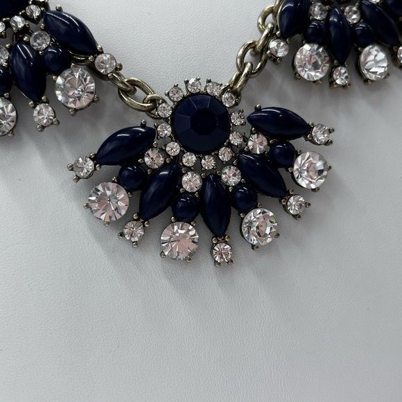 J. Crew Navy Blue and Clear Rhinestone Triple Fan Statement Bib Necklace - Picture 11 of 16